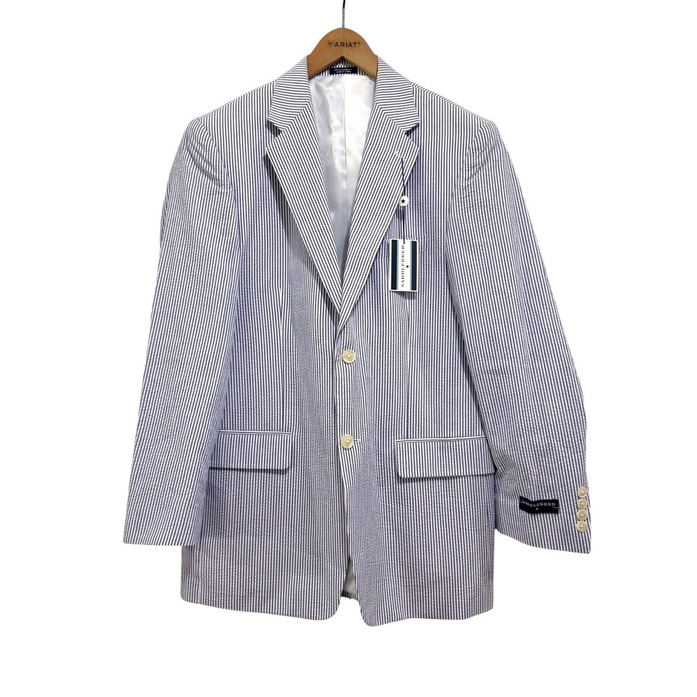 Saddlebred Mens 38R Blue White Striped Seersucker Blazer Sport Coat B4620J NWT - Picture 1 of 5